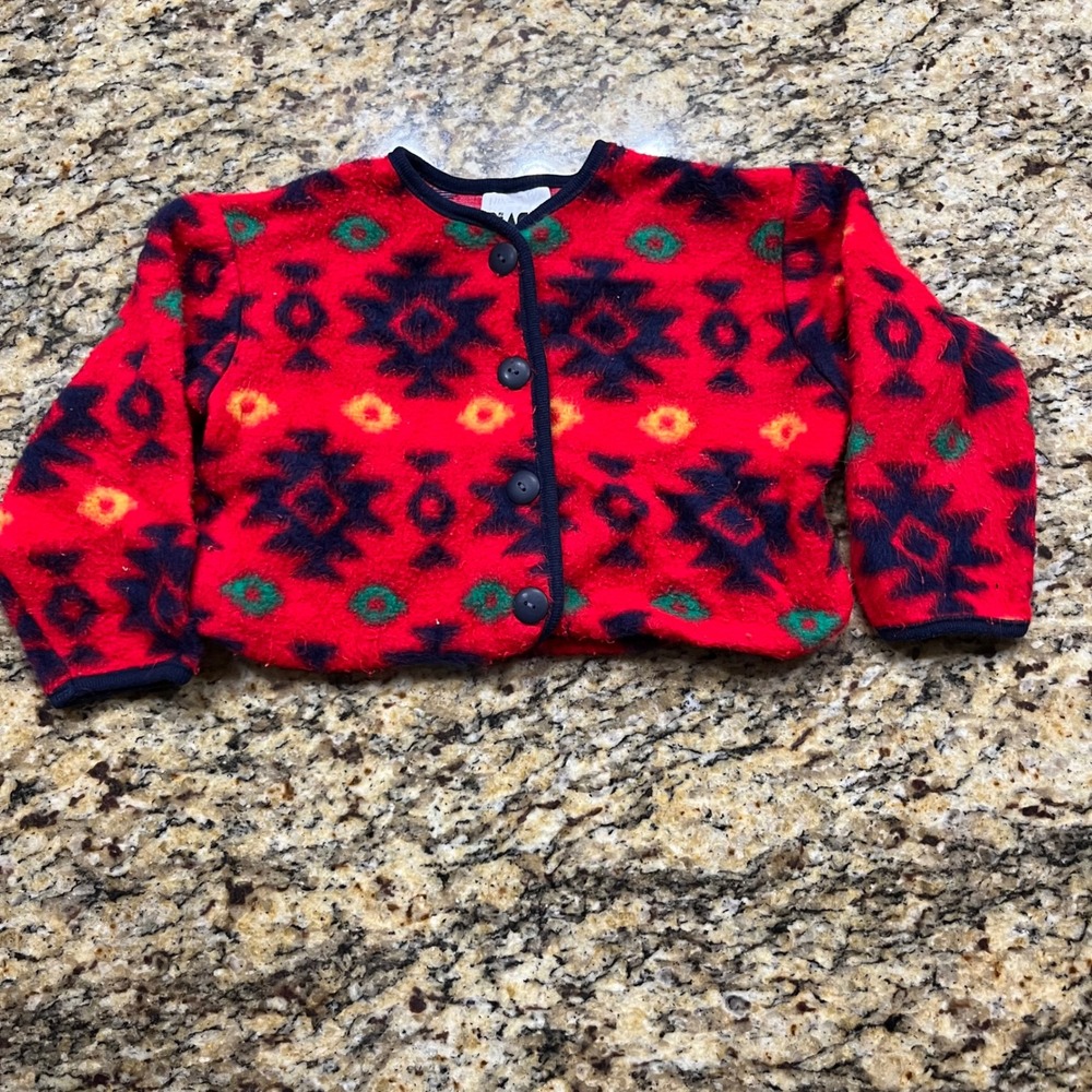 Vintage‎ Biacci Kids Fleece Cardigan Jacket Red Southwestern Geometric Size 5X